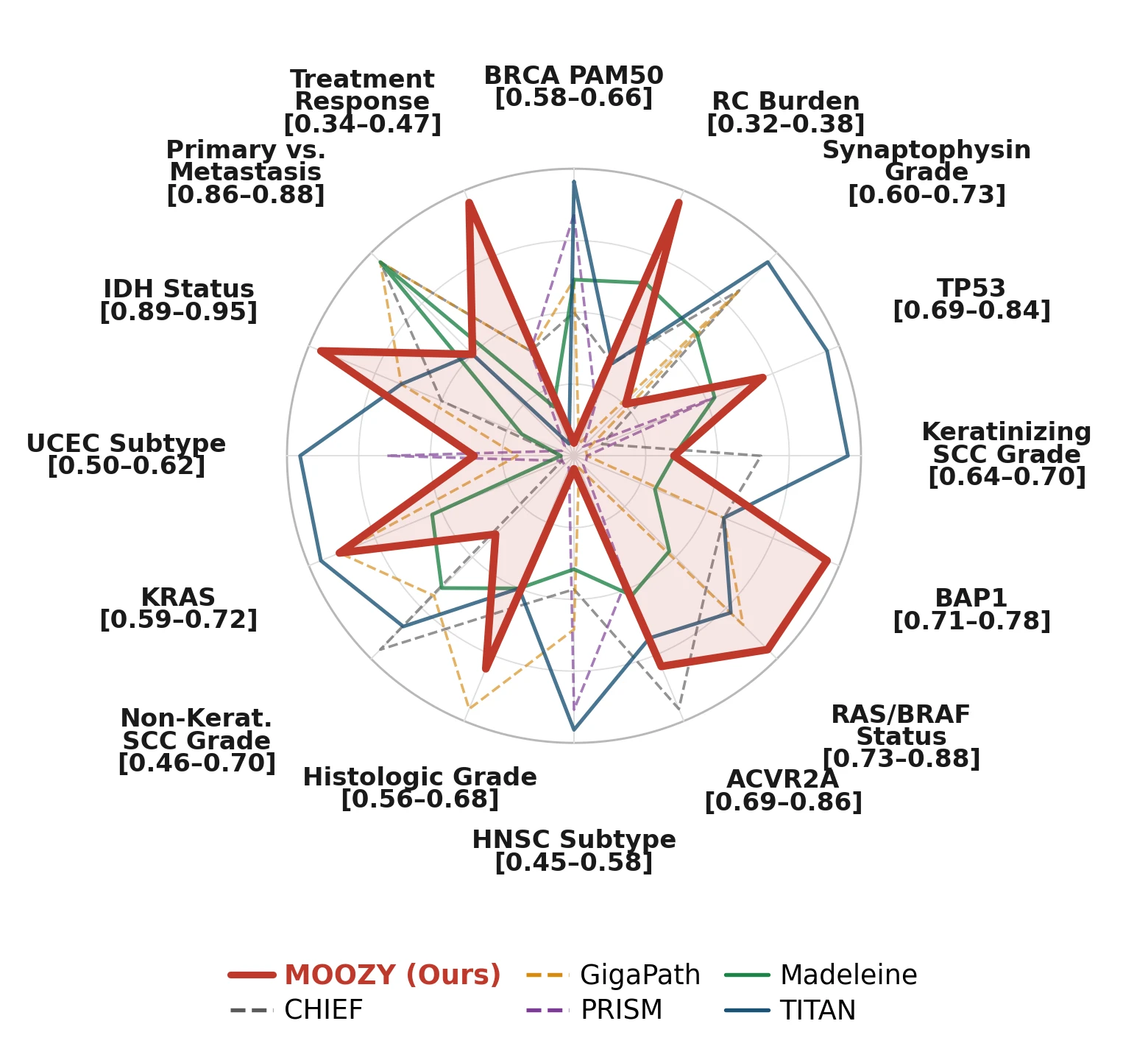 Linear-probe weighted F1 radar comparison across slide encoders